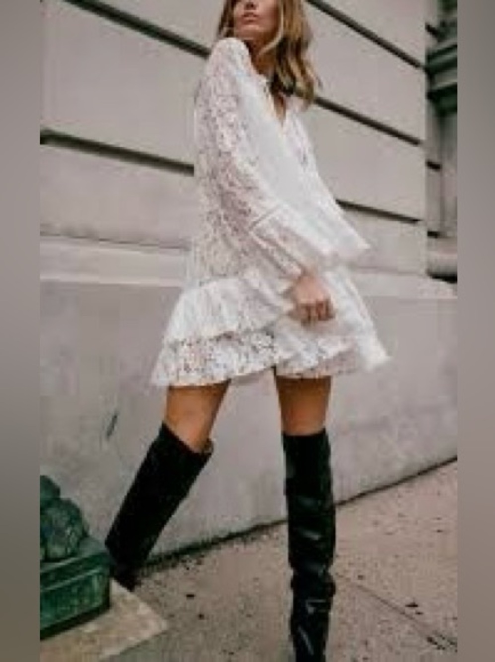 Aqua Bloomingdale's Boho Lace Ruffle Mini Dress Ivory Tie Neck 70s Inspired M
